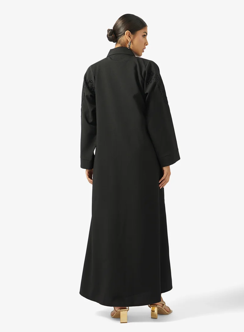 hayas closet Embroidered And Embellished Open Front Wide Lapel Collar Abaya